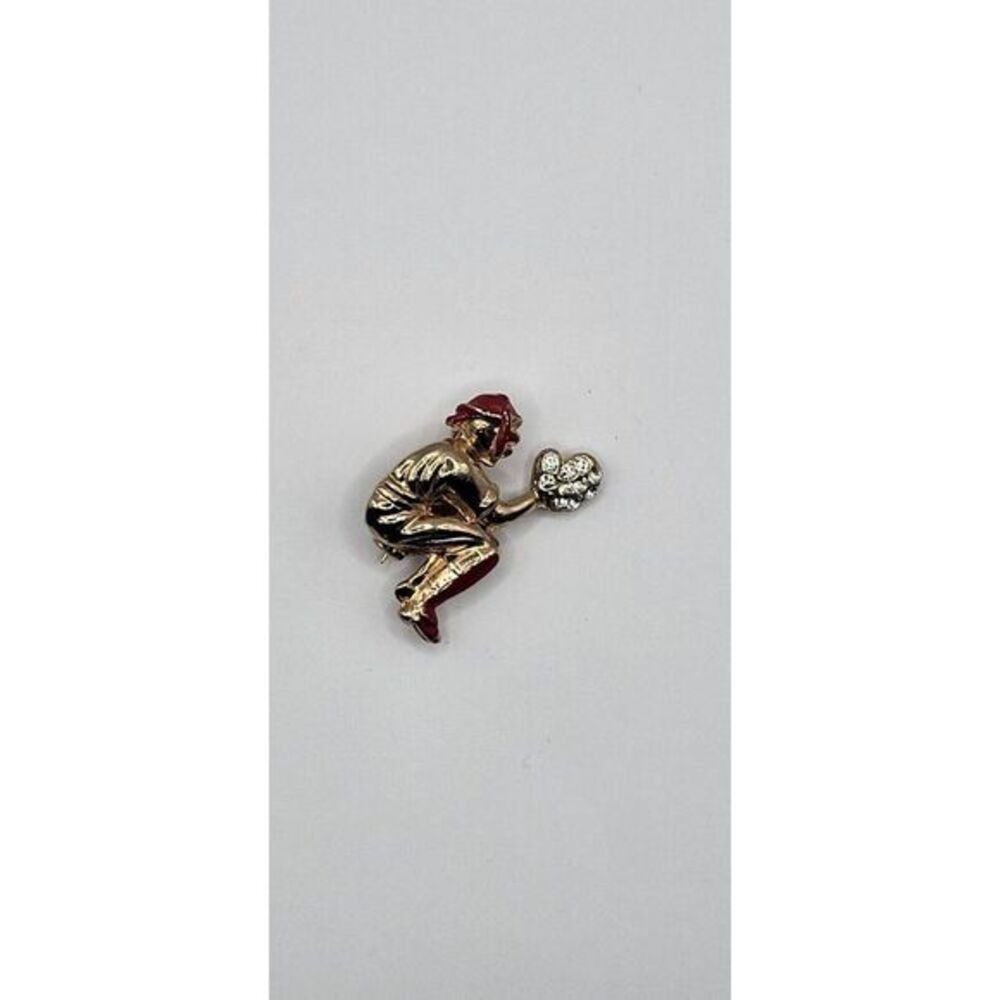 Vintage Baseball Catcher Brooch Gold Tone Red Enamel Rhinestone Mitt Pin‎